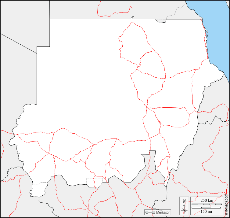 Sudan : d-maps.com: Kostenlose Karten, kostenlose stumme Karte, kostenlose unausgefüllt Landkarte, kostenlose hochauflösende Umrisskarte : Grenzen, Straßen