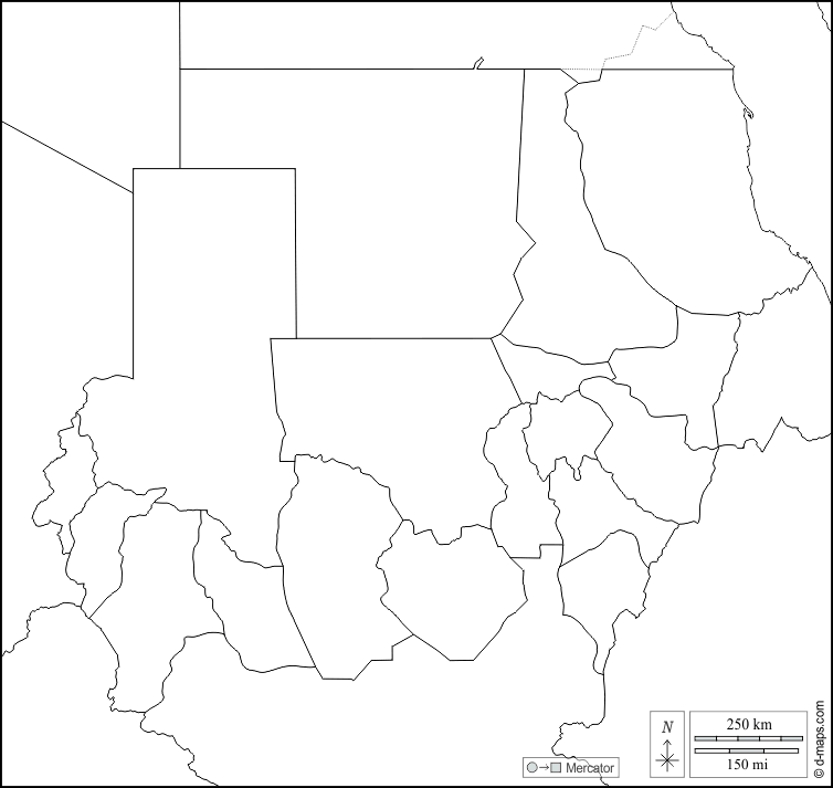 Soudan : d-maps.com: carte géographique gratuite, carte géographique muette gratuite, carte vierge gratuite, fond de carte gratuit, formats graphiques courants : frontières, wilayas, blanc