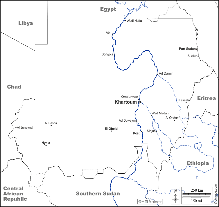 السودان : خريطة مجانية, خريطة خاليه من الفراغ, خريطة الخطوط العريضة, خريطة القاعدة الحرة
 : حدود, هيدروغرافيا, المدن الرئيسية, أسماء, أبيض