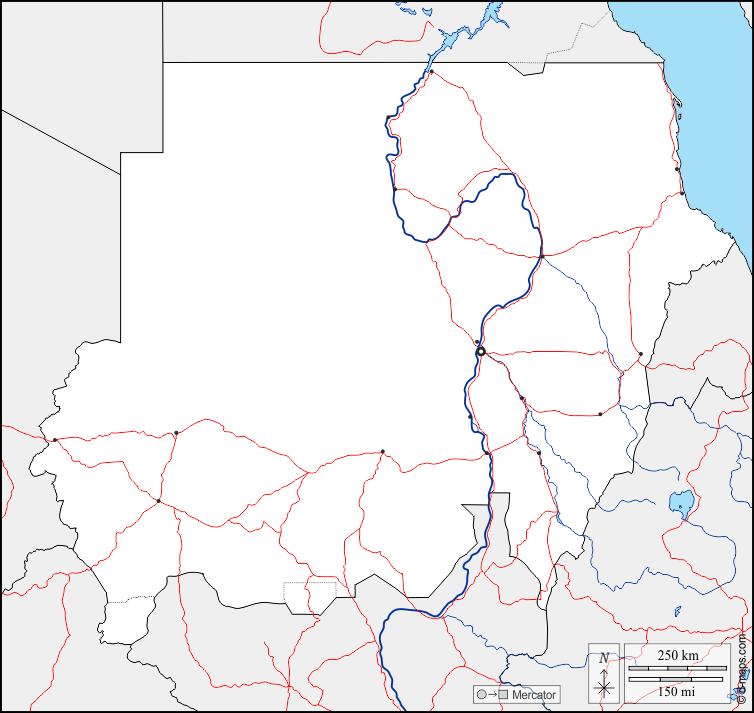 Soudan : d-maps.com: carte géographique gratuite, carte géographique muette gratuite, carte vierge gratuite, fond de carte gratuit, formats graphiques courants : frontières, hydrographie, principales villes, routes