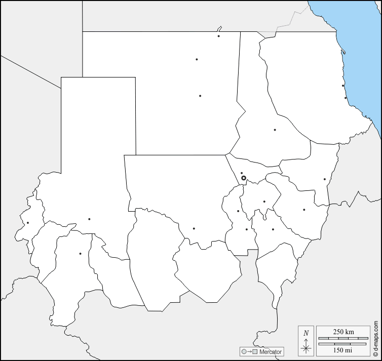 Sudan : d-maps.com: mappa gratuita, mappa muta gratuita, cartina muta gratuita : frontiere, wilayas, principali città