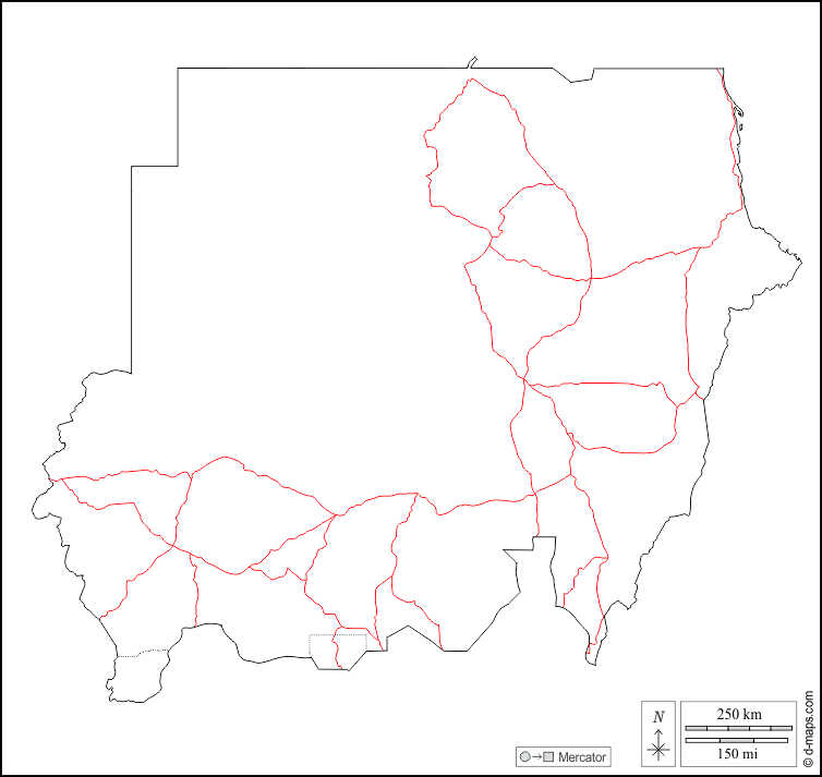Soudan : d-maps.com: carte géographique gratuite, carte géographique muette gratuite, carte vierge gratuite, fond de carte gratuit, formats graphiques courants : contours, routes, blanc