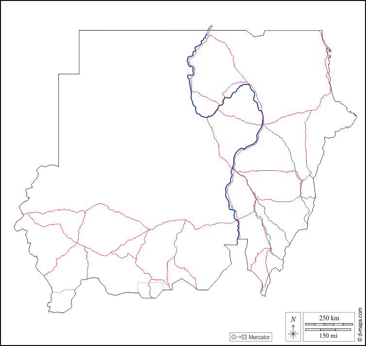 Soudan : d-maps.com: carte géographique gratuite, carte géographique muette gratuite, carte vierge gratuite, fond de carte gratuit, formats graphiques courants : contours, hydrographie, routes, blanc