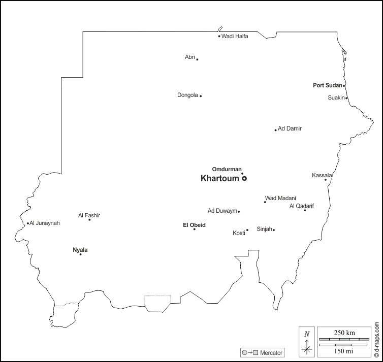 Sudán : d-maps.com: mapa gratuito, mapa mudo gratuito, mapa en blanco gratuito, plantilla de mapa : contornos, principales ciudades, nombres, blanco