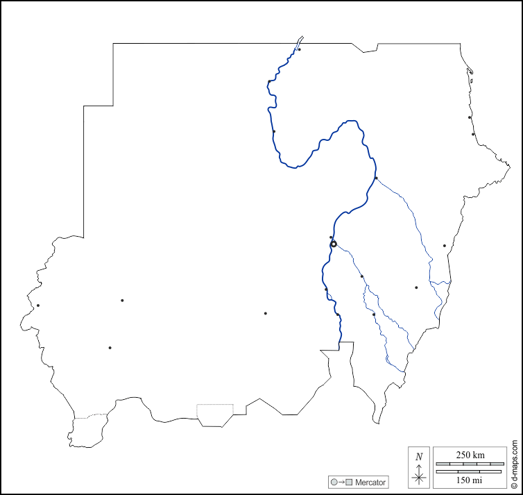 Soudan : d-maps.com: carte géographique gratuite, carte géographique muette gratuite, carte vierge gratuite, fond de carte gratuit, formats graphiques courants : contours, hydrographie, principales villes, blanc
