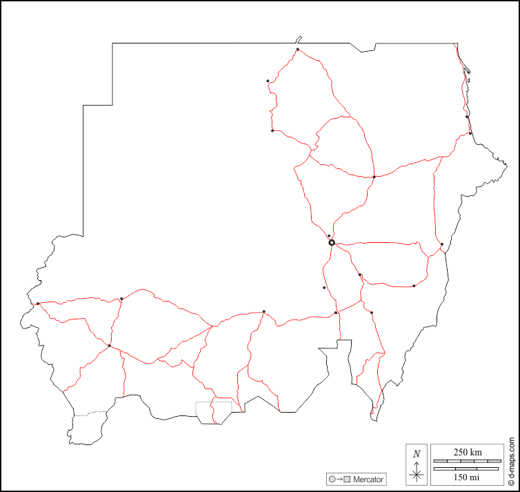 Sudão : d-maps.com: mapa livre, mapa em branco livre, mapa livre do esboço, mapa básico livre
 : contornos, principais cidades, estradas, branco