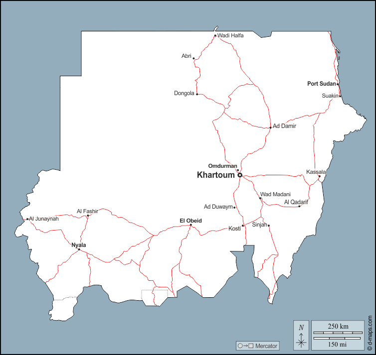 Sudan : d-maps.com: free map, free blank map, free outline map, free base map : outline, main cities, roads, names