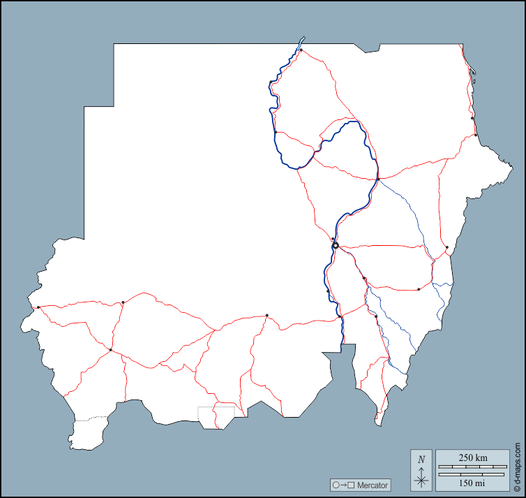 Soudan : d-maps.com: carte géographique gratuite, carte géographique muette gratuite, carte vierge gratuite, fond de carte gratuit, formats graphiques courants : contours, hydrographie, principales villes, routes