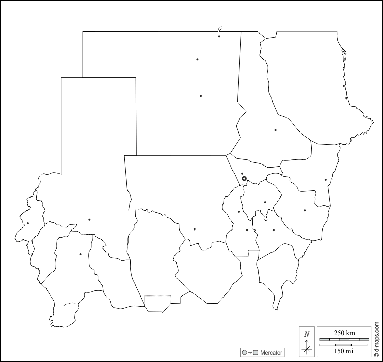 Soudan : d-maps.com: carte géographique gratuite, carte géographique muette gratuite, carte vierge gratuite, fond de carte gratuit, formats graphiques courants : contours, wilayas, principales villes, blanc