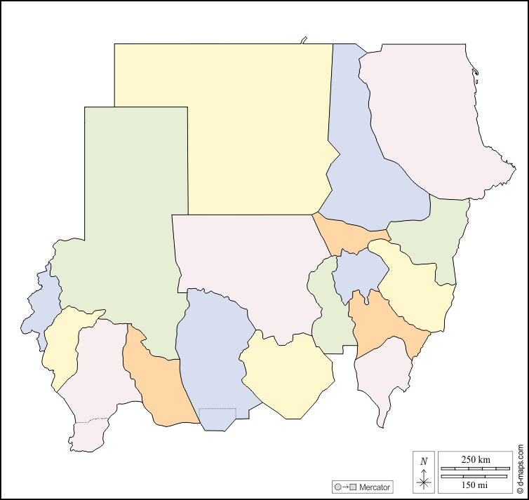 Sudan : d-maps.com: mappa gratuita, mappa muta gratuita, cartina muta gratuita : contorni, wilayas, colore, bianco