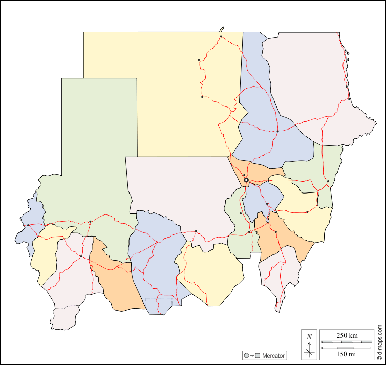 Sudán : d-maps.com: mapa gratuito, mapa mudo gratuito, mapa en blanco gratuito, plantilla de mapa : contornos, wilayas, principales ciudades, carreteras, color, blanco