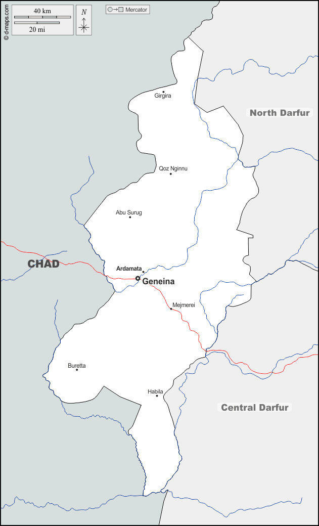 Darfur Occidentale : d-maps.com: mappa gratuita, mappa muta gratuita, cartina muta gratuita : frontiere, idrografia, principali città, strade, nomi