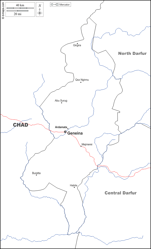 Darfur Occidentale : d-maps.com: mappa gratuita, mappa muta gratuita, cartina muta gratuita : frontiere, idrografia, principali città, strade, nomi, bianco
