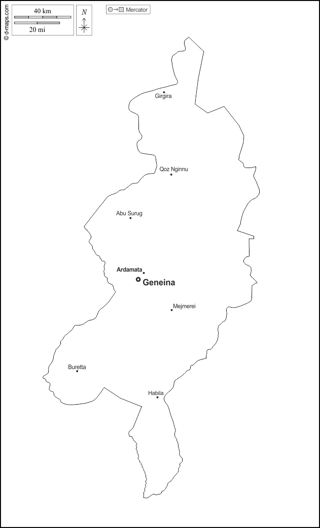 西达尔富尔州 : d-maps.com: 免费地图, 免费的空白地图, 免费的轮廓地图, 免费基地地图 : 大纲, 主要城市, 名称, 白