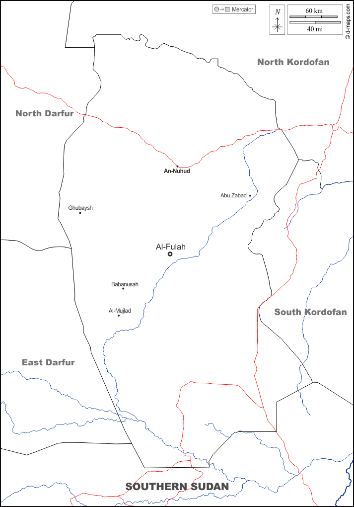 Kordofan-Occidental : d-maps.com: carte géographique gratuite, carte géographique muette gratuite, carte vierge gratuite, fond de carte gratuit, formats graphiques courants : frontières, hydrographie, principales villes, routes, noms, blanc