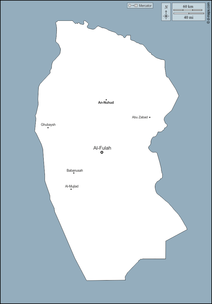 Gharb Kurdufan : d-maps.com: Kostenlose Karten, kostenlose stumme Karte, kostenlose unausgefüllt Landkarte, kostenlose hochauflösende Umrisskarte : Umrisse, Wichtige Städte, Namen