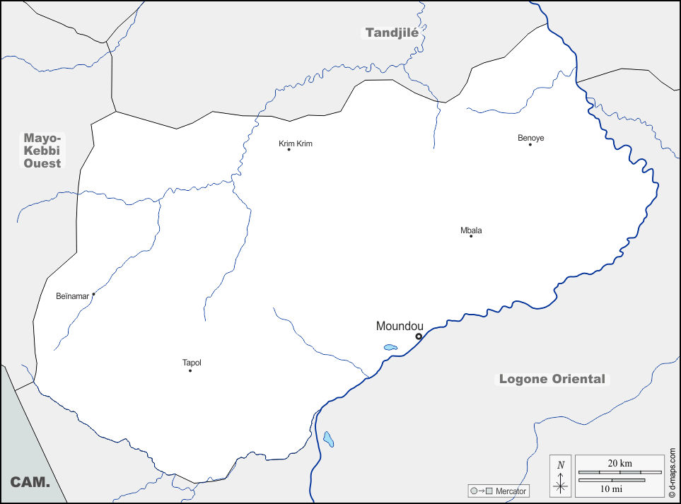 Logone Occidental : d-maps.com: mappa gratuita, mappa muta gratuita, cartina muta gratuita : frontiere, idrografia, principali città, nomi