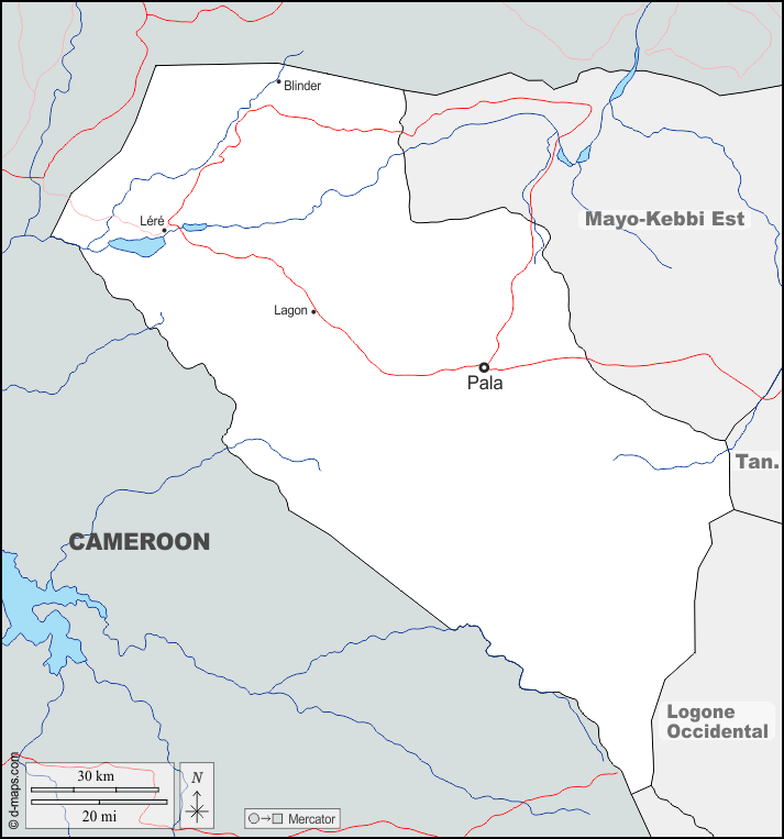 Mayo-Kebbi Oeste : d-maps.com: mapa livre, mapa em branco livre, mapa livre do esboço, mapa básico livre
 : fronteiras, hidrografia, principais cidades, estradas, nomes