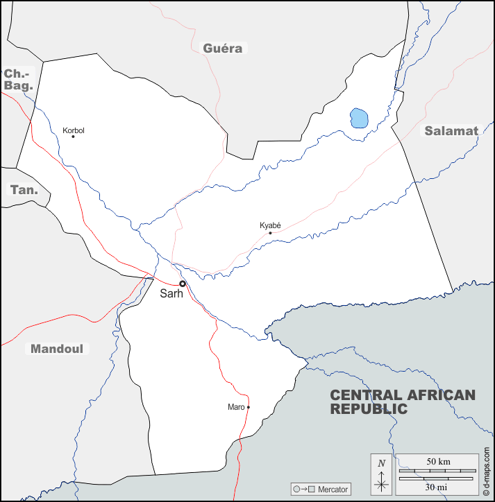 Moyen-Chari : d-maps.com: mappa gratuita, mappa muta gratuita, cartina muta gratuita : frontiere, idrografia, principali città, strade, nomi