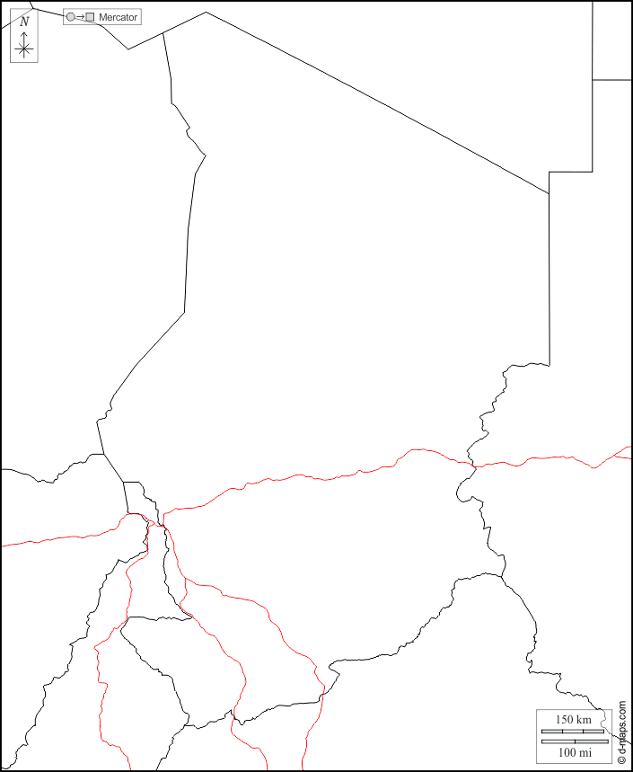 Tschad : d-maps.com: Kostenlose Karten, kostenlose stumme Karte, kostenlose unausgefüllt Landkarte, kostenlose hochauflösende Umrisskarte : Grenzen, Straßen, weiß