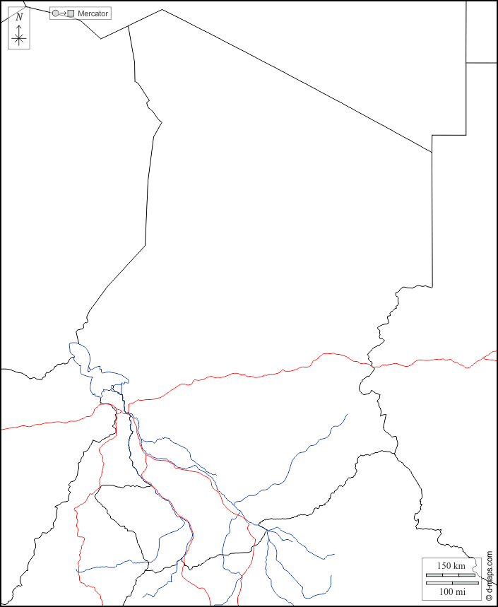 Tchad : d-maps.com: carte géographique gratuite, carte géographique muette gratuite, carte vierge gratuite, fond de carte gratuit, formats graphiques courants : frontières, hydrographie, routes, blanc