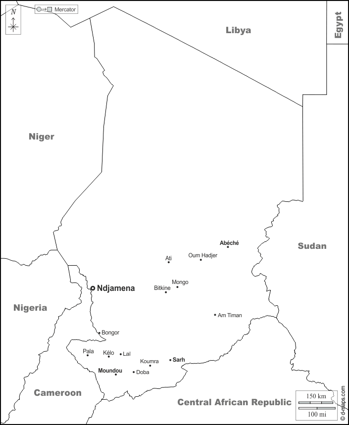 Чад : d-maps.com: Бесплатная карта, бесплатная карта, свободная карта, Бесплатная базовая карта
 : границы, Главные города, имена, Белый