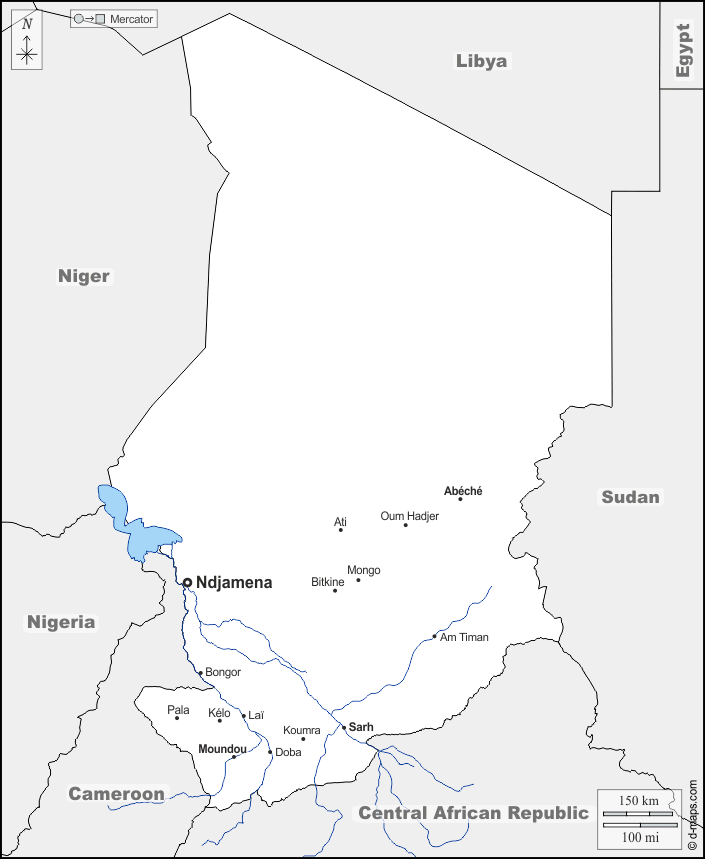 Tchad : d-maps.com: carte géographique gratuite, carte géographique muette gratuite, carte vierge gratuite, fond de carte gratuit, formats graphiques courants : frontières, hydrographie, principales villes, noms