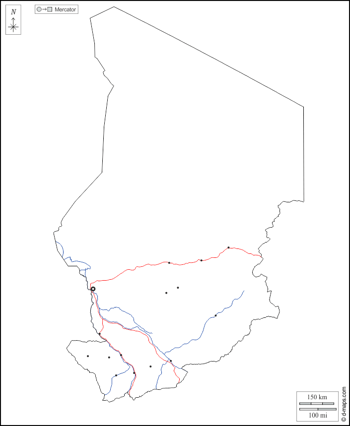 Chad : d-maps.com: mapa gratuito, mapa mudo gratuito, mapa en blanco gratuito, plantilla de mapa : contornos, hidrografía, principales ciudades, carreteras, blanco