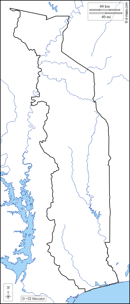 Togo : d-maps.com: carte géographique gratuite, carte géographique muette gratuite, carte vierge gratuite, fond de carte gratuit, formats graphiques courants : littoraux, limites, hydrographie