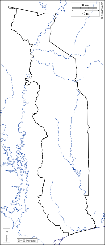 Togo : d-maps.com: carte géographique gratuite, carte géographique muette gratuite, carte vierge gratuite, fond de carte gratuit, formats graphiques courants : littoraux, limites, hydrographie, blanc