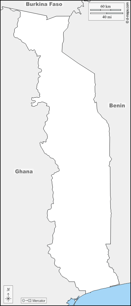 Togo : d-maps.com: carte géographique gratuite, carte géographique muette gratuite, carte vierge gratuite, fond de carte gratuit, formats graphiques courants : frontières, noms