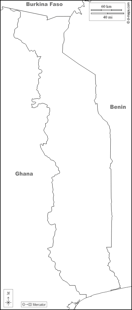 Togo : d-maps.com: carte géographique gratuite, carte géographique muette gratuite, carte vierge gratuite, fond de carte gratuit, formats graphiques courants : frontières, noms, blanc