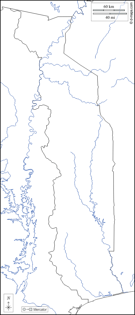 Togo : d-maps.com: carte géographique gratuite, carte géographique muette gratuite, carte vierge gratuite, fond de carte gratuit, formats graphiques courants : frontières, hydrographie, blanc