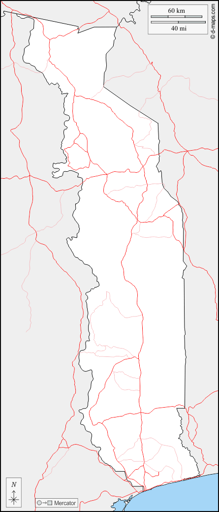 Togo : d-maps.com: carte géographique gratuite, carte géographique muette gratuite, carte vierge gratuite, fond de carte gratuit, formats graphiques courants : frontières, routes