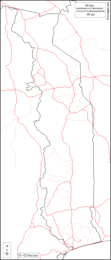 Togo : d-maps.com: carte géographique gratuite, carte géographique muette gratuite, carte vierge gratuite, fond de carte gratuit, formats graphiques courants : frontières, routes, blanc