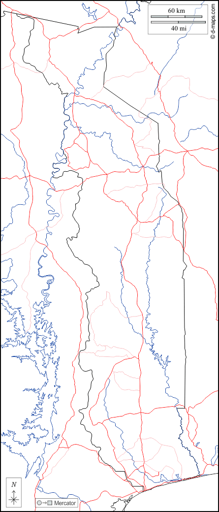 Togo : d-maps.com: mapa gratuito, mapa mudo gratuito, mapa en blanco gratuito, plantilla de mapa : fronteras, hidrografía, carreteras, blanco