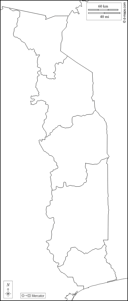 Togo : d-maps.com: carte géographique gratuite, carte géographique muette gratuite, carte vierge gratuite, fond de carte gratuit, formats graphiques courants : frontières, régions, blanc