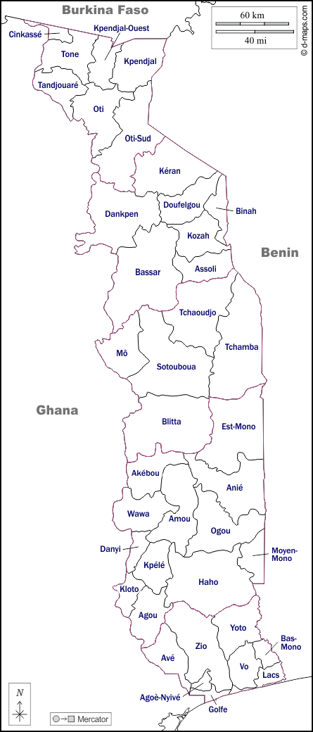 Togo : d-maps.com: carte géographique gratuite, carte géographique muette gratuite, carte vierge gratuite, fond de carte gratuit, formats graphiques courants : frontières, préfectures, noms, blanc