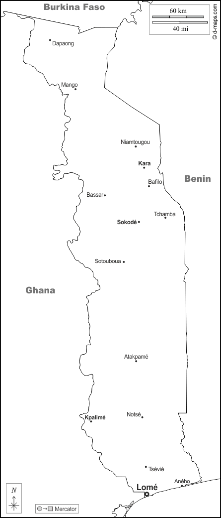 Togo : d-maps.com: carte géographique gratuite, carte géographique muette gratuite, carte vierge gratuite, fond de carte gratuit, formats graphiques courants : frontières, principales villes, noms, blanc