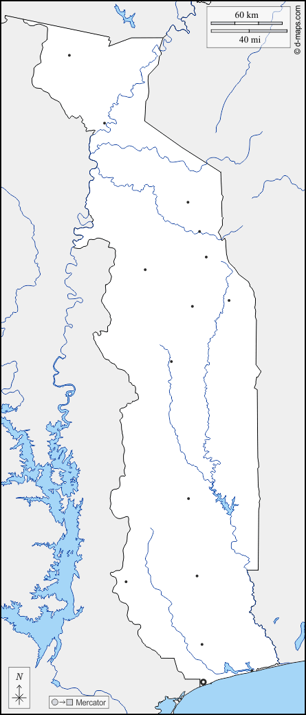 Togo : d-maps.com: carte géographique gratuite, carte géographique muette gratuite, carte vierge gratuite, fond de carte gratuit, formats graphiques courants : frontières, hydrographie, principales villes