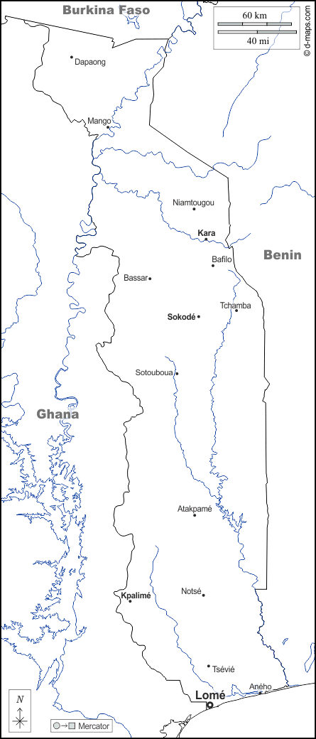 Togo : d-maps.com: carte géographique gratuite, carte géographique muette gratuite, carte vierge gratuite, fond de carte gratuit, formats graphiques courants : frontières, hydrographie, principales villes, noms, blanc