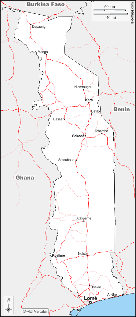 Togo : d-maps.com: carte géographique gratuite, carte géographique muette gratuite, carte vierge gratuite, fond de carte gratuit, formats graphiques courants : frontières, principales villes, routes, noms