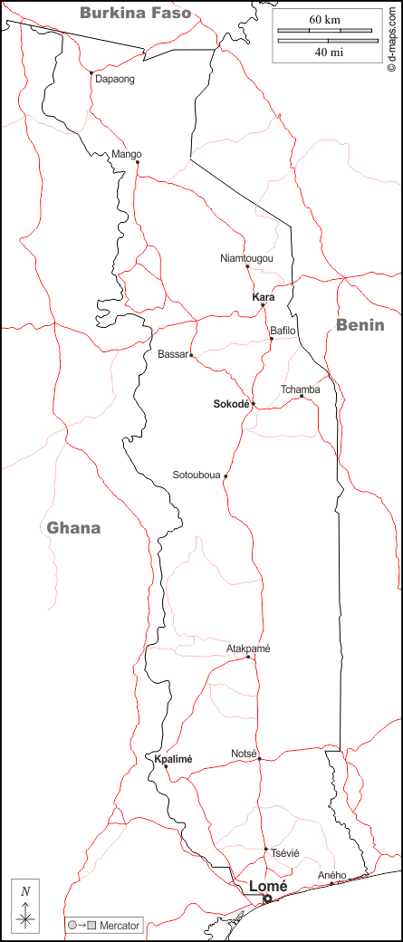Togo : d-maps.com: carte géographique gratuite, carte géographique muette gratuite, carte vierge gratuite, fond de carte gratuit, formats graphiques courants : frontières, principales villes, routes, noms, blanc