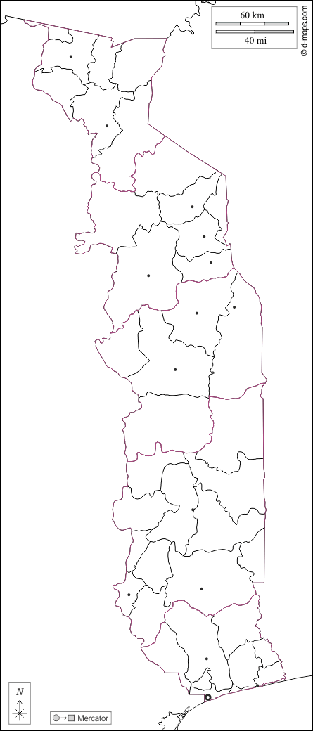 Togo : d-maps.com: carte géographique gratuite, carte géographique muette gratuite, carte vierge gratuite, fond de carte gratuit, formats graphiques courants : frontières, préfectures, principales villes, blanc