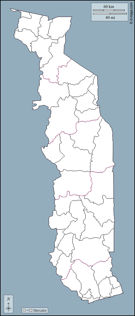 Togo : d-maps.com: carte géographique gratuite, carte géographique muette gratuite, carte vierge gratuite, fond de carte gratuit, formats graphiques courants : contours, préfectures