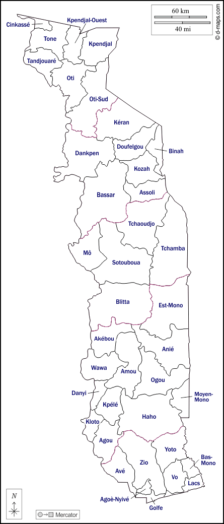 Togo : d-maps.com: free map, free blank map, free outline map, free base map : outline, prefectures, names, white