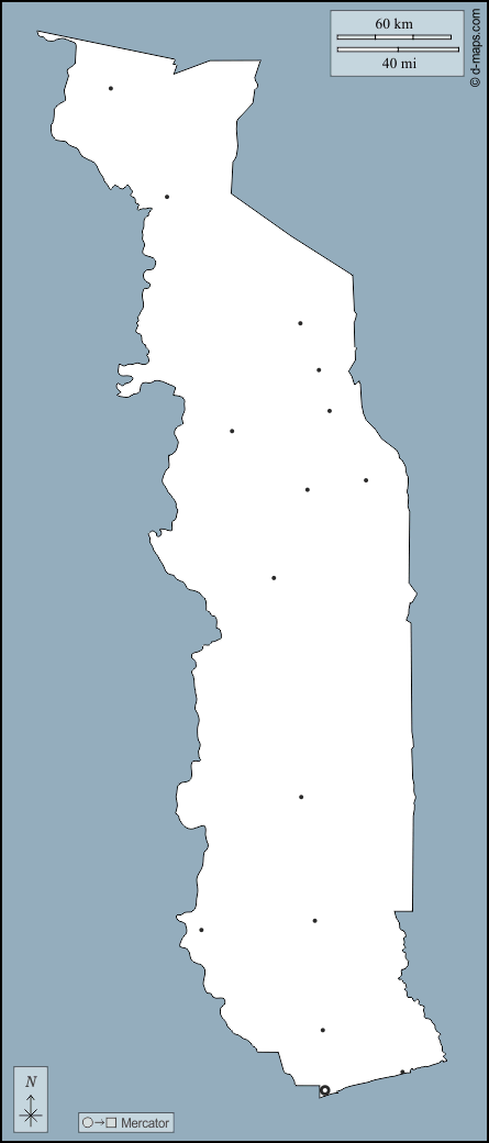 Togo : d-maps.com: carte géographique gratuite, carte géographique muette gratuite, carte vierge gratuite, fond de carte gratuit, formats graphiques courants : contours, principales villes