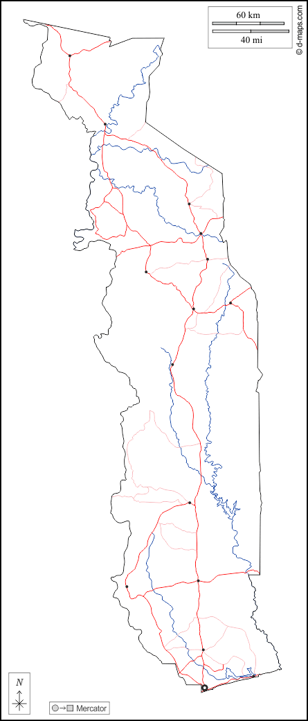 Togo : d-maps.com: carte géographique gratuite, carte géographique muette gratuite, carte vierge gratuite, fond de carte gratuit, formats graphiques courants : contours, hydrographie, principales villes, routes, blanc