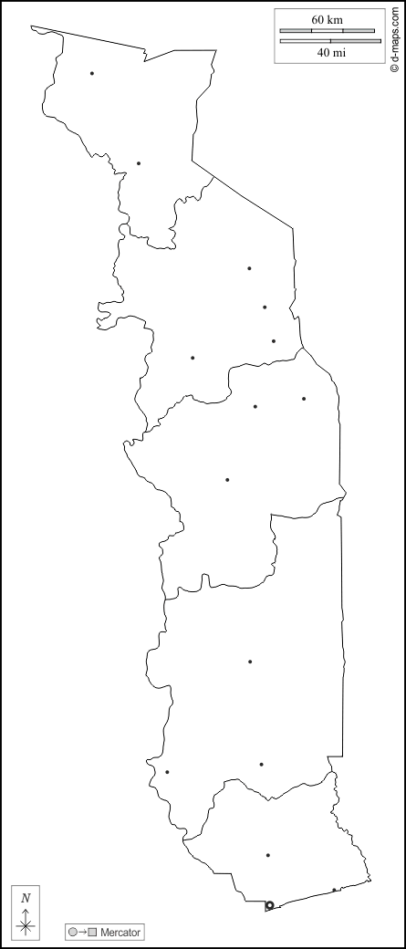 Togo : d-maps.com: carte géographique gratuite, carte géographique muette gratuite, carte vierge gratuite, fond de carte gratuit, formats graphiques courants : contours, régions, principales villes, blanc