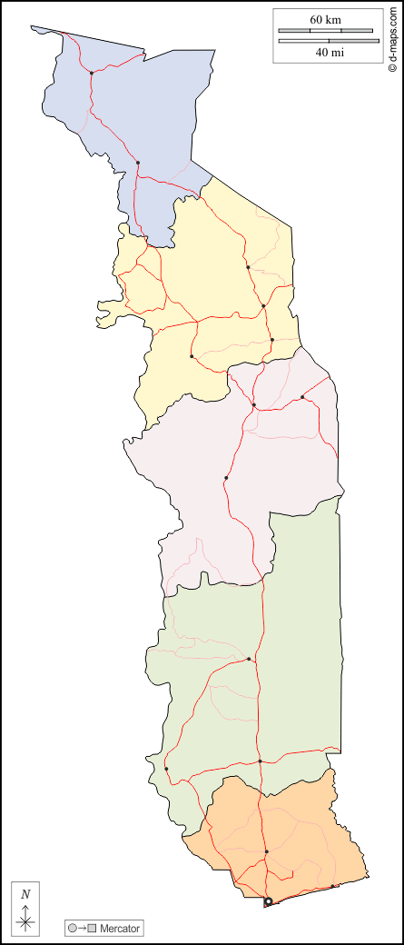 Togo : d-maps.com: carte géographique gratuite, carte géographique muette gratuite, carte vierge gratuite, fond de carte gratuit, formats graphiques courants : contours, régions, principales villes, routes, couleur, blanc